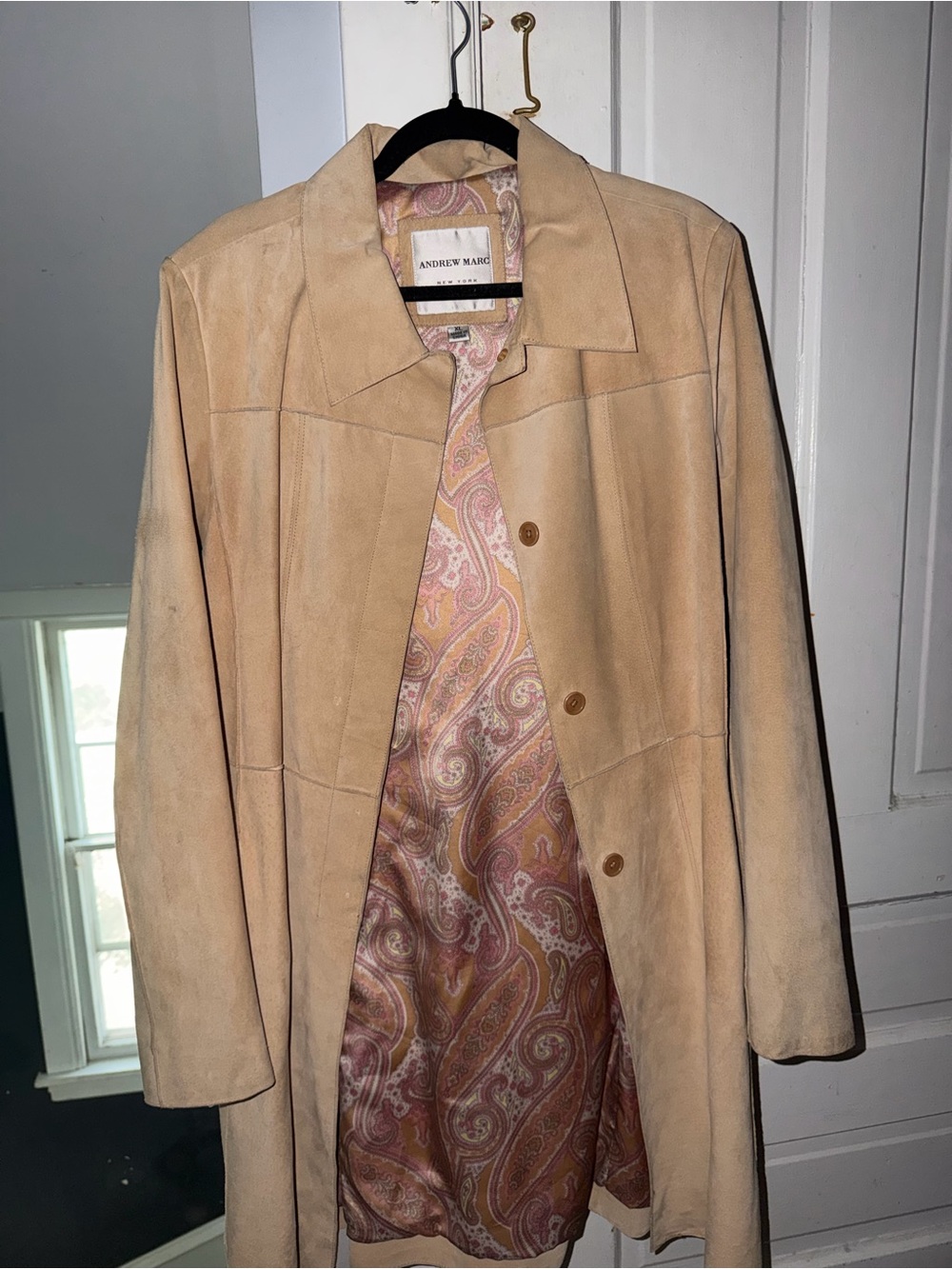 Andrew Marc Beige Suede Trench Coat with Paisley Lining